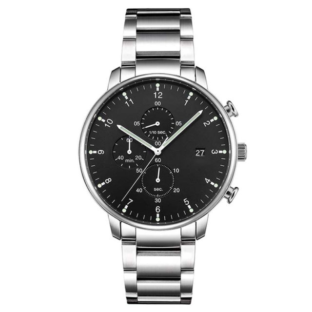 all silver metal bracelet chronograph black dial watch