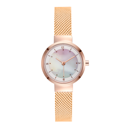 rose gold case gold steel mesh strap pearl dial watch