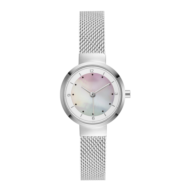 all silver steel mesh strap pearl dial lady watch