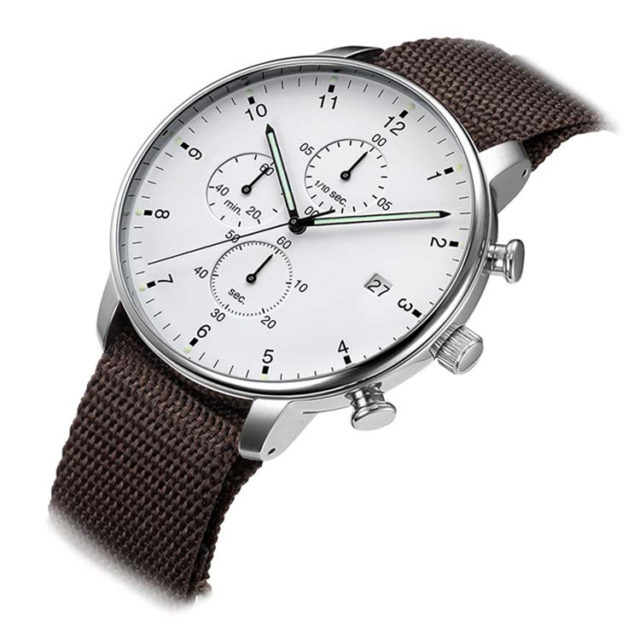 silver case NATO strap chronograph watch