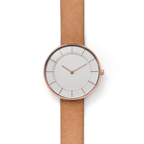 rose gold case tan leather strap white dial watch