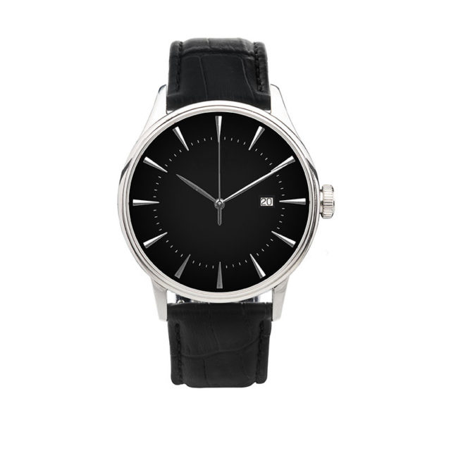 silver case crocodile black leahter strap black dial watch