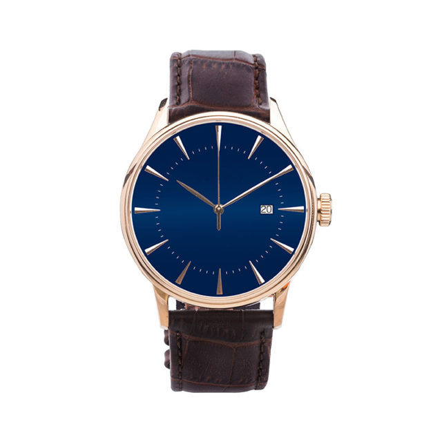 Roségold Gehäuse Krokodil braun Leder Armband blaue Zifferblatt Uhr