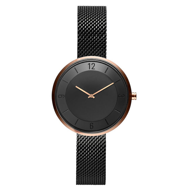 rose gold case black steel mesh strap black watch