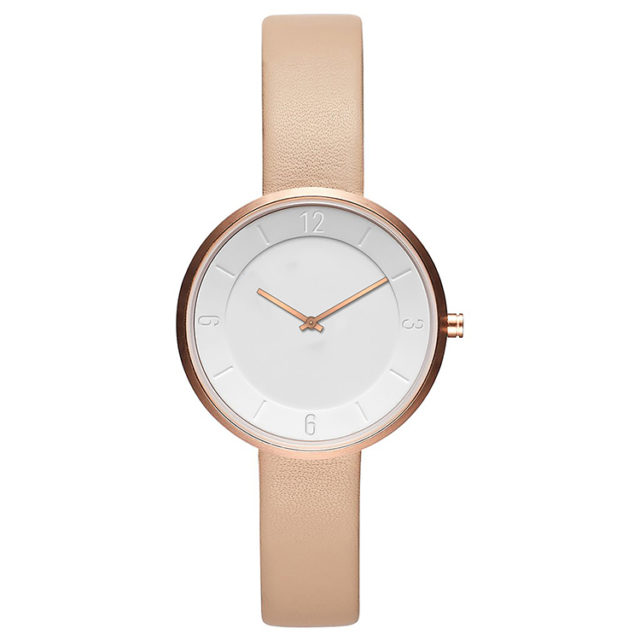 Roségold Gehäuse gelbes Lederarmband weiße Uhr