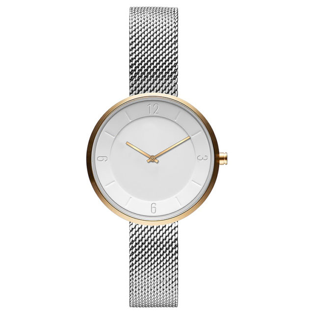 gold case silver steel mesh strap white watch