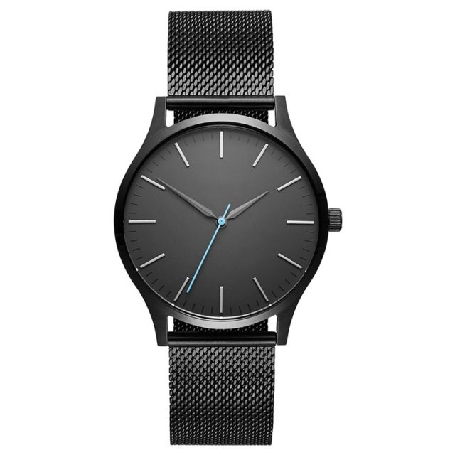 all black steel mesh strap watch