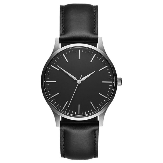 silver case black dial leather band watch