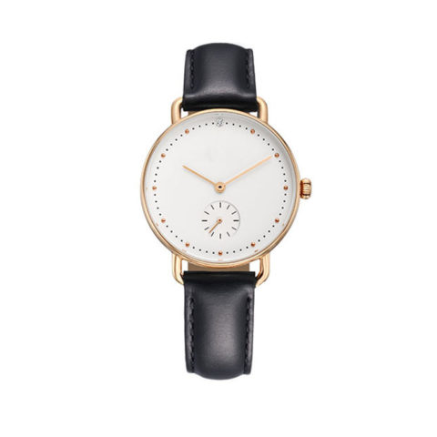 rose gold case black leather strap watch