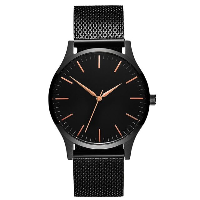 all black steel mesh strap rose gold hands watch