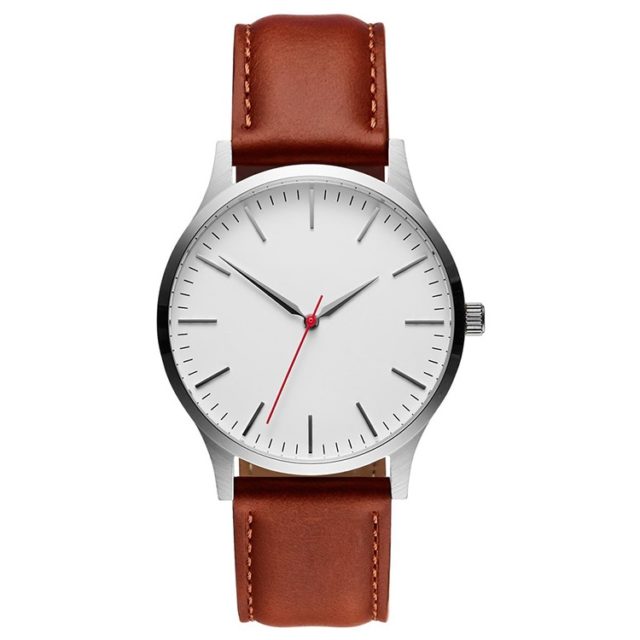 silver case brown leather strap watch