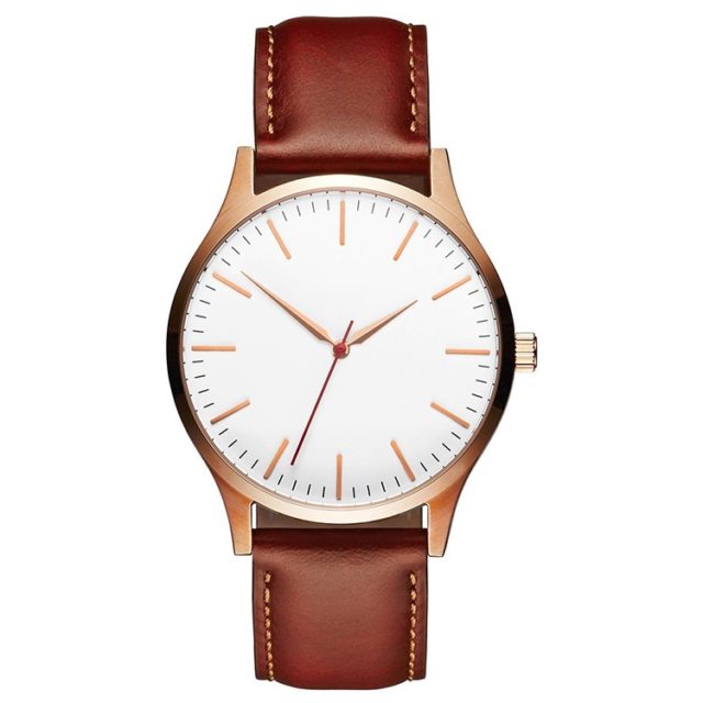 rose gold brown leather band white dial watch