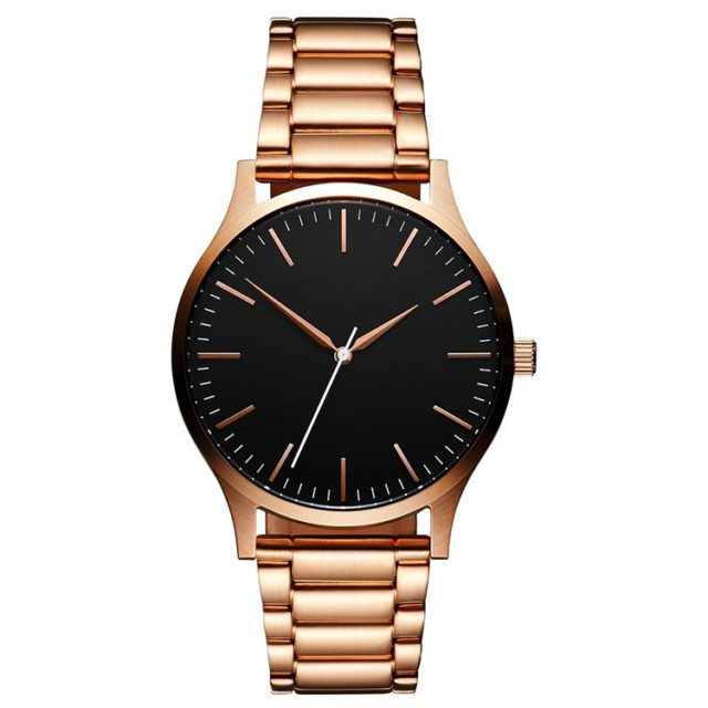 all rose gold metal band black dial watch