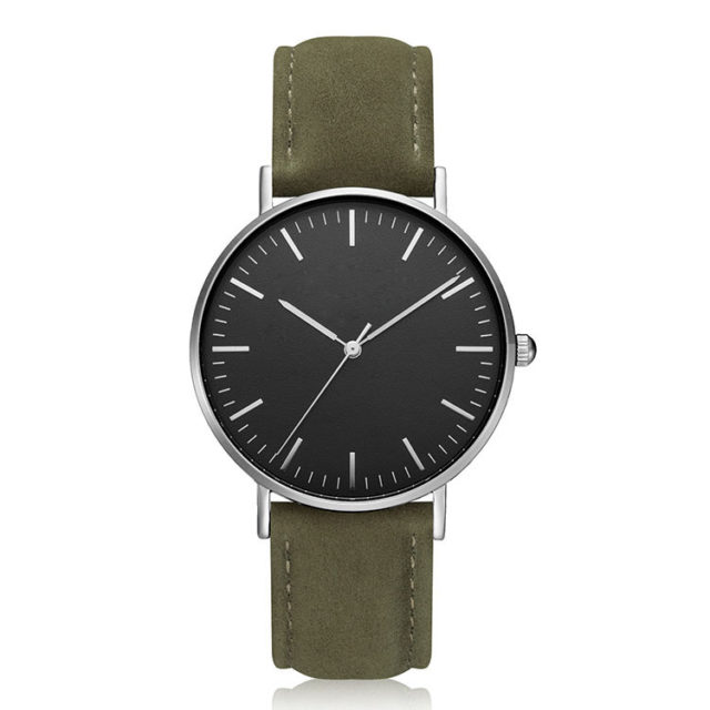 silver case green leather strap minimalist watch