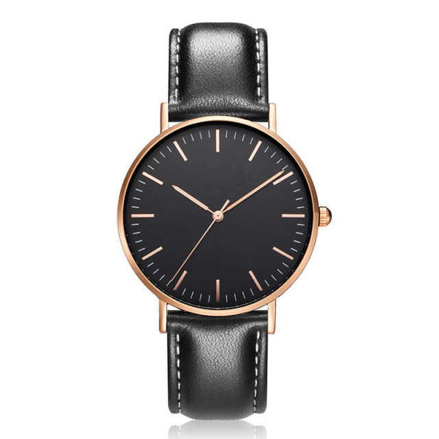 rose gold case black leather strap minimalist watch