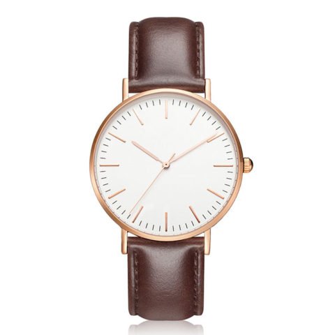 rose gold case brown leather strap minimalist watch