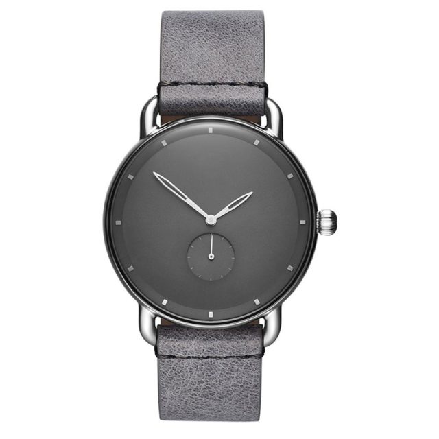 gun metal case grey leather strap black face watch