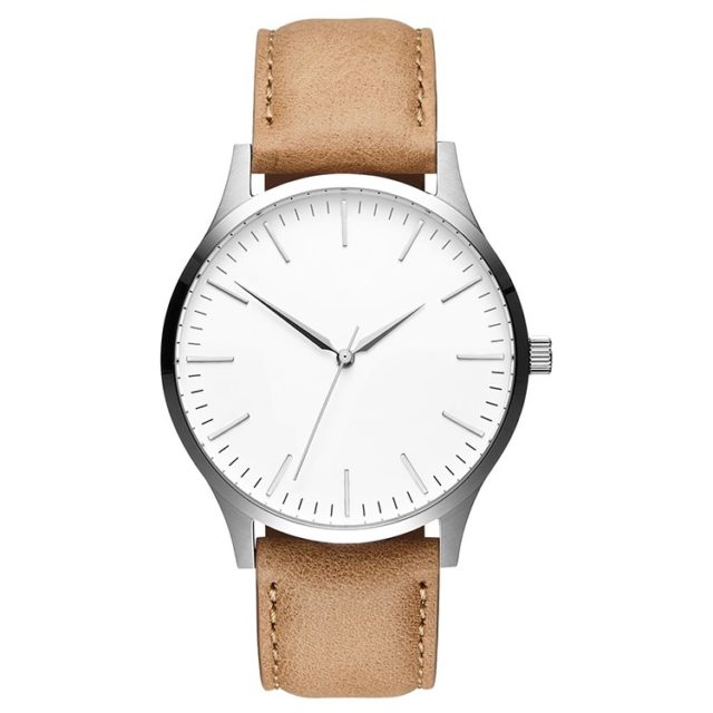 silver case tan leather strap big face watch