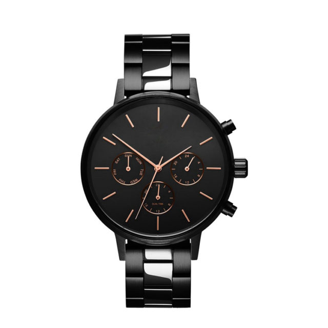 all black steel bracelet rose gold hands watch