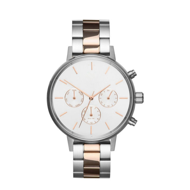 all silver steel bracelet rose gold hands watch