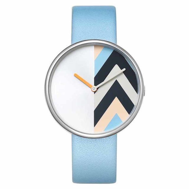 silver case lugless light blue watch