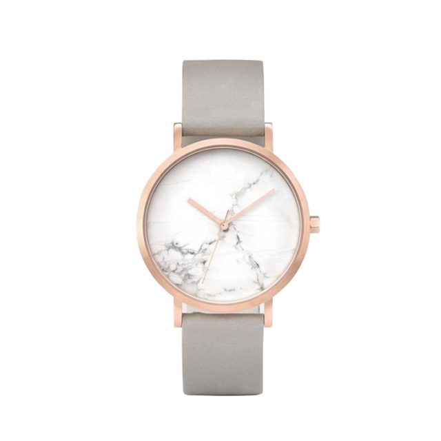 rose gold case grey leahter strap white marble watch