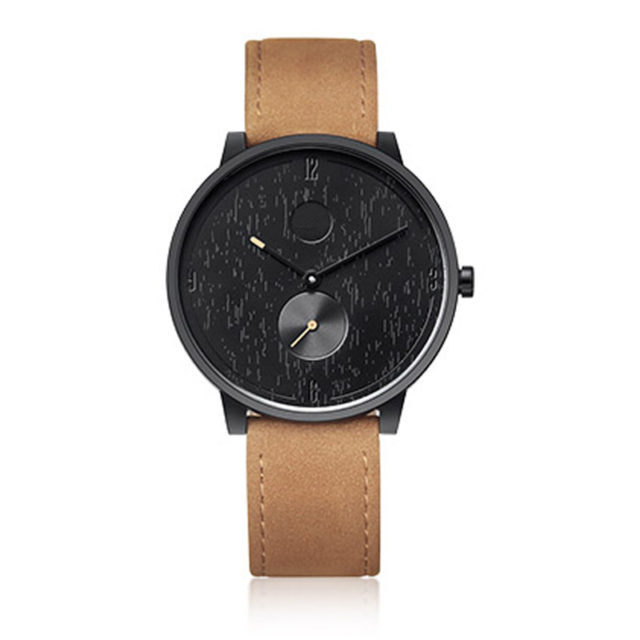 black case tan leather strap watch