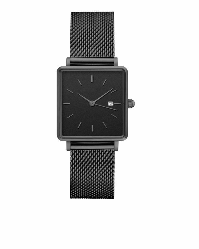 all black stainless steel mesh strap square watch