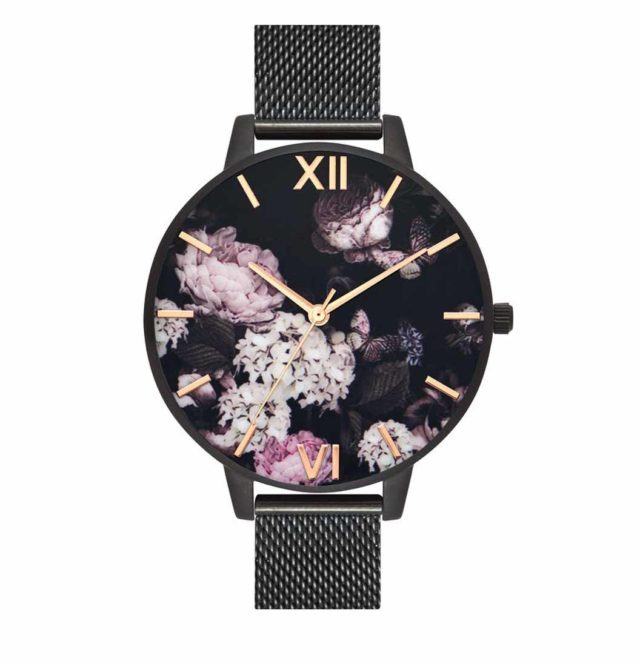 reloj de flores con correa de acero negro