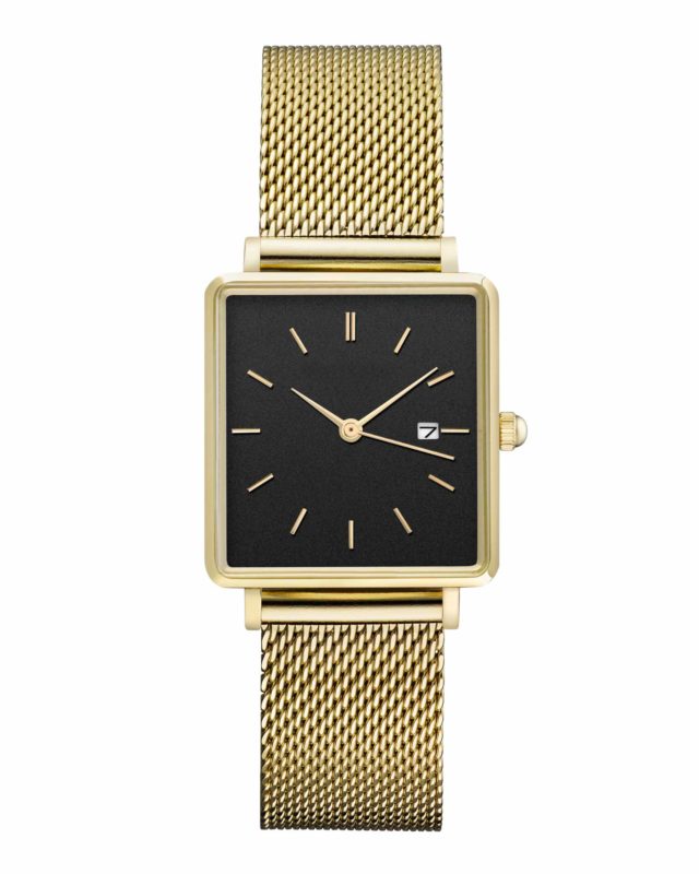 all gold stainless steel black face square watch