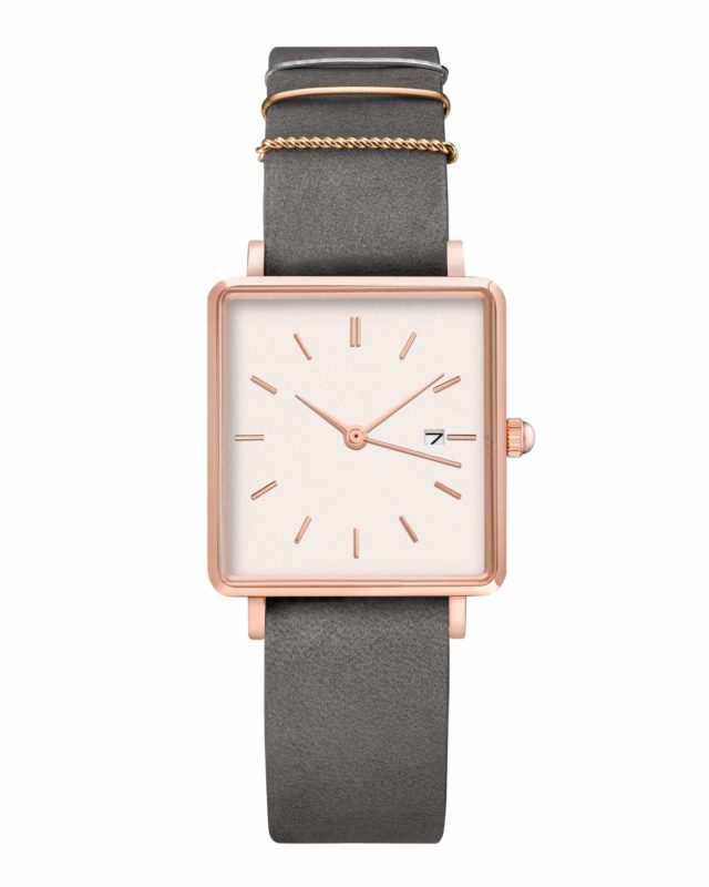 rose gold case grey leather strap square watch