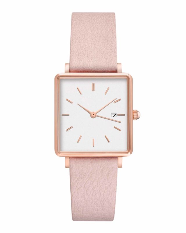 rose gold case pink leather strap square watch