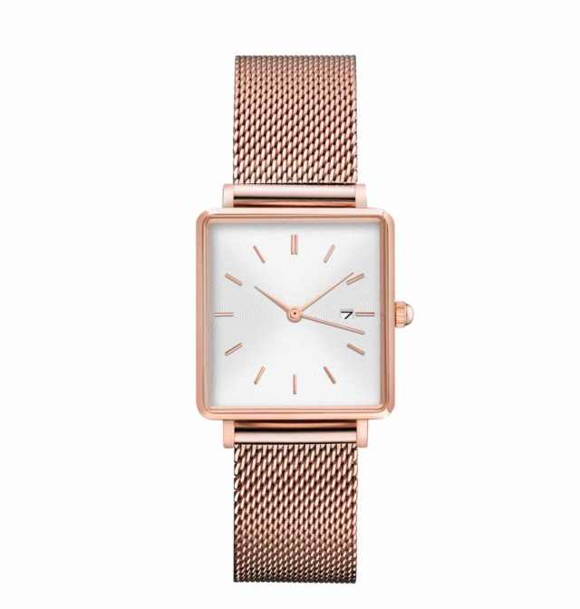 all rose gold stainless steel mesh strap white face square watch