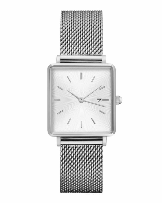 all silver stainless steel mesh strap white face square watch