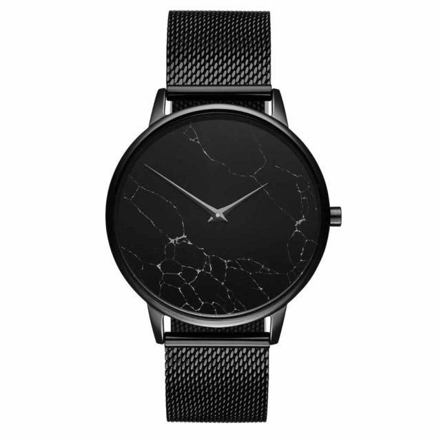 all black steel mesh strap black marble watch