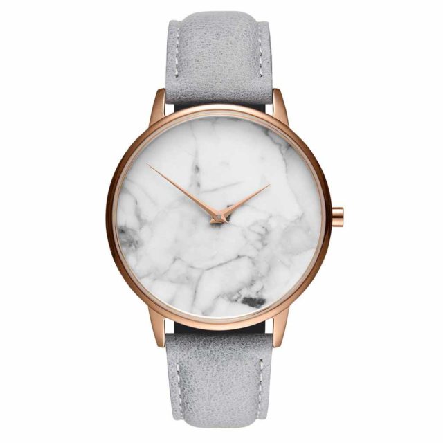 rose gold case grey leather strap white marble watch