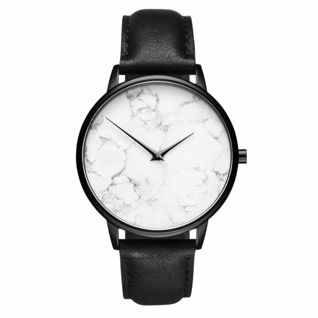 all black leather strap white marble watch