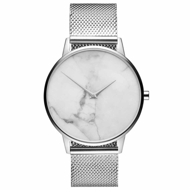 all silver steel mesh strap white marble watch