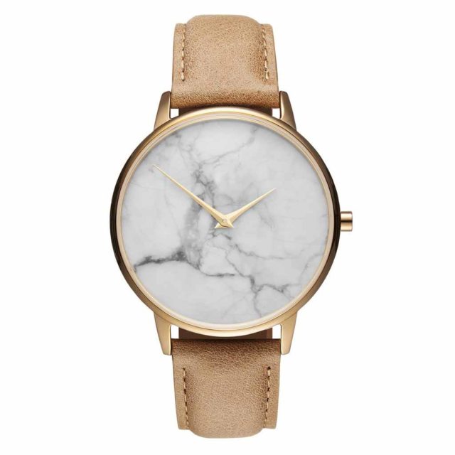 gold case yellow leather strap white marble watch