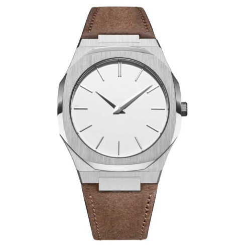 silver case leather watch