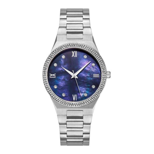 reloj con esfera azul perla